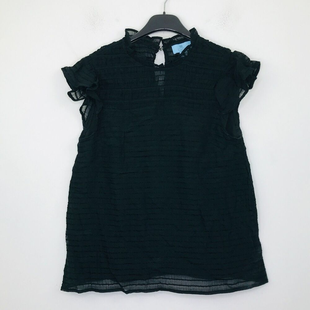 CeCe Women's Small Blouse Black Smocked Yoke High Neck Ruffle Cap Sleeve BX2